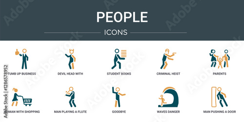 set of 10 outline web people icons such as tumb up business man, devil head with horns, student books, criminal heist, parents, woman with shopping cart, man playing a flute vector icons for report,