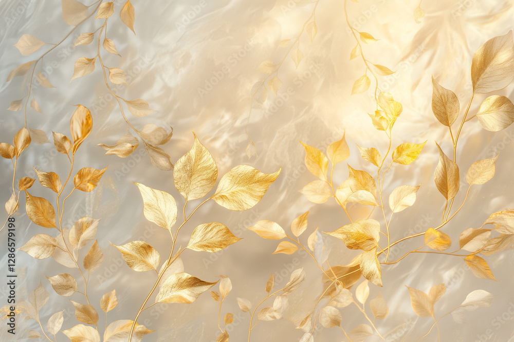 A luxurious wallpaper design featuring elegant gold leaf patterns set against a refined natural background A luxurious wallpaper design featuring elegant gold leaf patterns set against a refined natural background