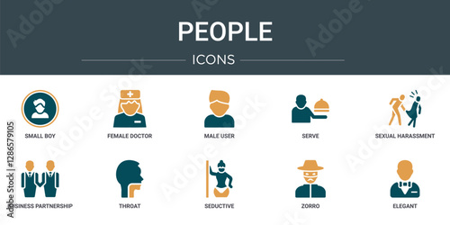 set of 10 outline web people icons such as small boy, female doctor, male user, serve, sexual harassment, business partnership, throat vector icons for report, presentation, diagram, web design,