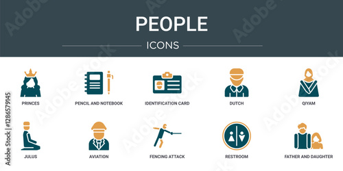 set of 10 outline web people icons such as princes, pencil and notebook, identification card with picture, dutch, qiyam, julus, aviation vector icons for report, presentation, diagram, web design,