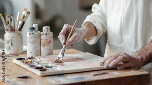 Artist organizing paint tubes by color on a palette photo