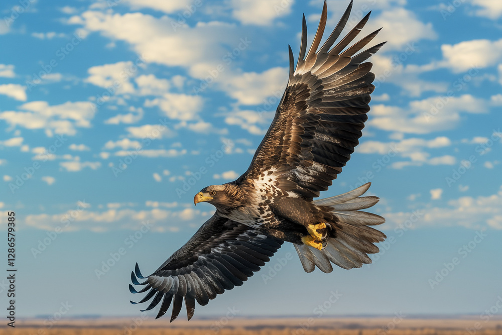 Obraz premium A majestic eagle soaring through the sky with its powerful wings fully extended, showcasing intricate feather details 