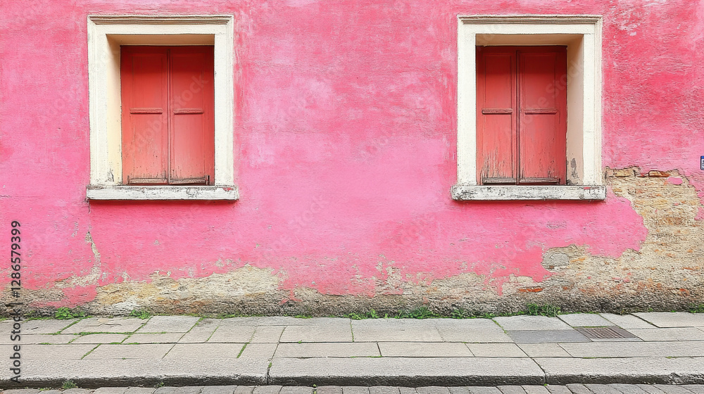 Fototapeta premium vibrant pink wall with two red windows, showcasing rustic charm and weathered texture. scene evokes sense of warmth and character