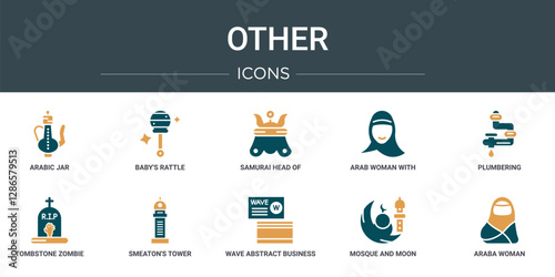 set of 10 outline web other icons such as arabic jar, baby's rattle, samurai head of japan, arab woman with hijab, plumbering, tombstone zombie hand, smeaton's tower vector icons for report, photo