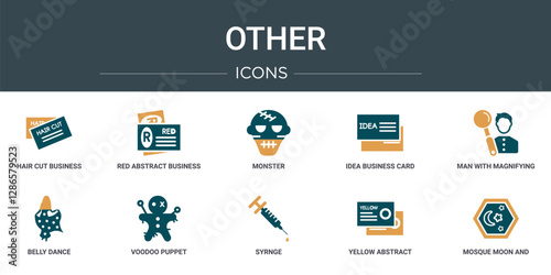 set of 10 outline web other icons such as hair cut business card, red abstract business card, monster, idea business card, man with magnifying flass, belly dance, voodoo puppet vector icons for