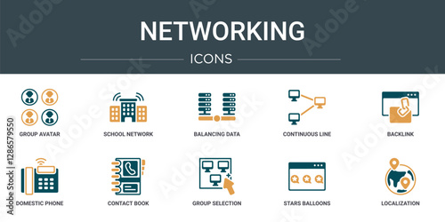 set of 10 outline web networking icons such as group avatar, school network, balancing data, continuous line, backlink, domestic phone, contact book vector icons for report, presentation, diagram,