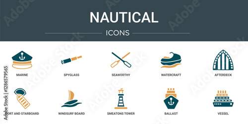 set of 10 outline web nautical icons such as marine, spyglass, seaworthy, watercraft, afterdeck, port and starboard, windsurf board vector icons for report, presentation, diagram, web design, mobile