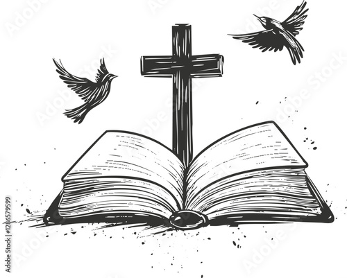 Illustration of an open book with a cross and flying birds.