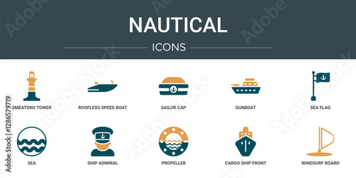 set of 10 outline web nautical icons such as smeatons tower, roofless speed boat, sailor cap, gunboat, sea flag, sea, ship admiral vector icons for report, presentation, diagram, web design, mobile