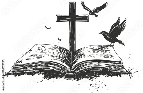 Black and white illustration of an open book with a cross and birds.
