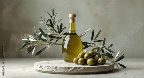 A Bottle of Extra Virgin Olive Oil with Olives and Olive Branches
