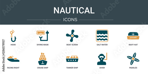 set of 10 outline web nautical icons such as hook, diving mask, boat screw, salt water, navy hat, facing right, cruise ship vector icons for report, presentation, diagram, web design, mobile app