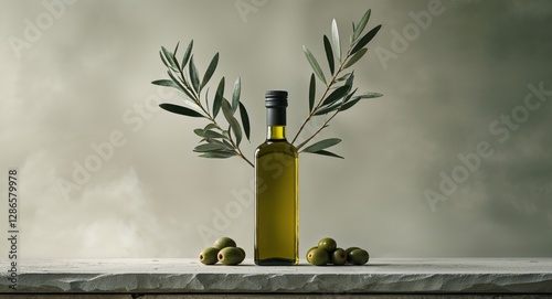 A Bottle of Extra Virgin Olive Oil with Olives and Olive Branches.