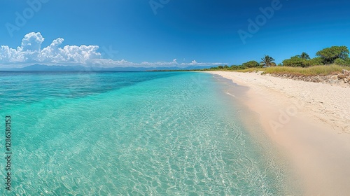 Fototapeta Naklejka Na Ścianę i Meble -  Pristine Caribbean beach, turquoise water, white sand, distant mountains.  Use Travel, vacation