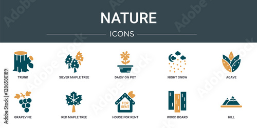 set of 10 outline web nature icons such as trunk, silver maple tree, daisy on pot, night snow, agave, grapevine, red maple tree vector icons for report, presentation, diagram, web design, mobile app