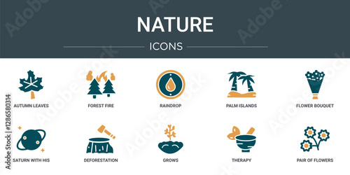 set of 10 outline web nature icons such as autumn leaves, forest fire, raindrop, palm islands, flower bouquet, saturn with his ring, deforestation vector icons for report, presentation, diagram, web