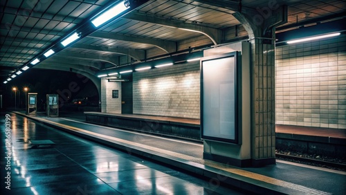 Lonely billboard stands abandoned in the darkness of a subway station in Paris at night, disused advertisement, dark atmosphere