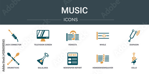 set of 10 outline web music icons such as jack connector, television screen off, fermata, whole, diapason, drumsticks, balalaika vector icons for report, presentation, diagram, web design, mobile