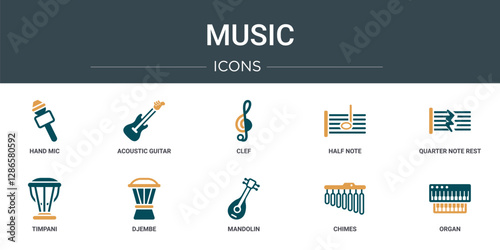 set of 10 outline web music icons such as hand mic, acoustic guitar, clef, half note, quarter note rest, timpani, djembe vector icons for report, presentation, diagram, web design, mobile app