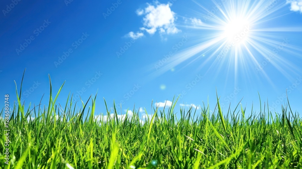 Lush Green Grass Under Bright Blue Sky with Shining Sun