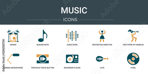 set of 10 outline web music icons such as drums, quaver note, audio bars, orchestra director, pied piper of hamelin, cinema microphone, previous track button vector icons for report, presentation,
