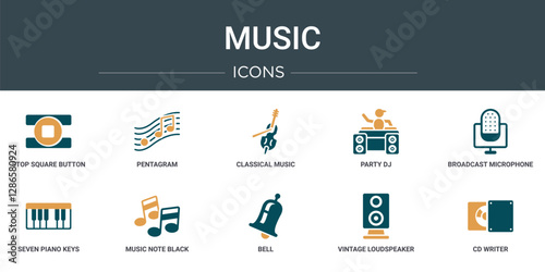 set of 10 outline web music icons such as stop square button, pentagram, classical music, party dj, broadcast microphone, seven piano keys, music note black vector icons for report, presentation,