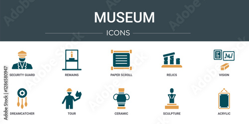 set of 10 outline web museum icons such as security guard, remains, paper scroll, relics, vision, dreamcatcher, tour vector icons for report, presentation, diagram, web design, mobile app