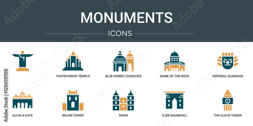 set of 10 outline web monuments icons such as  , thatbyinnyu temple, blue domed churches, dome of the rock, imperial guardian lion, alcala gate, belem tower vector icons for report, presentation,