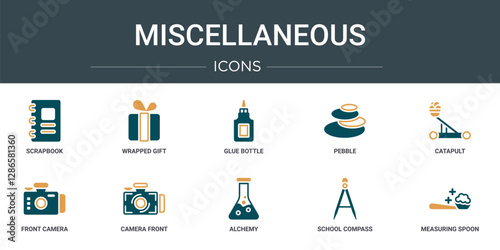 set of 10 outline web miscellaneous icons such as scrapbook, wrapped gift, glue bottle, pebble, catapult, front camera, camera front vector icons for report, presentation, diagram, web design,