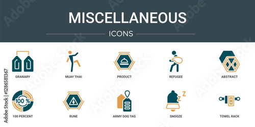 set of 10 outline web miscellaneous icons such as granary, muay thai, product, refugee, abstract, 100 percent, rune vector icons for report, presentation, diagram, web design, mobile app