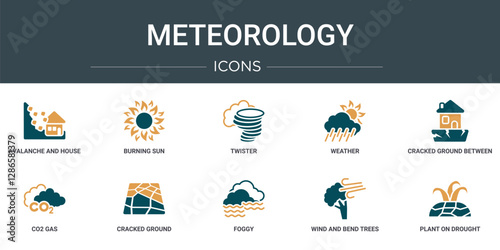 set of 10 outline web meteorology icons such as avalanche and house, burning sun, twister, weather, cracked ground between houses, co2 gas, cracked ground vector icons for report, presentation,