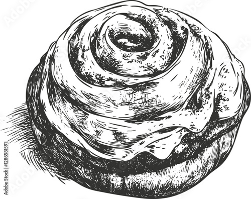 Detailed sketch of a cinnamon roll with icing on white background.