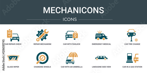set of 10 outline web mechanicons icons such as car repair check, repair mechanism, car with padlock, emergency medical vehicle, car tire change, glass wiper, changing wheels tool vector icons for