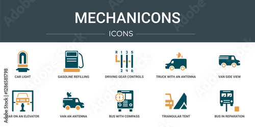 set of 10 outline web mechanicons icons such as car light, gasoline refilling station, driving gear controls, truck with an antenna on it, van side view, car on an elevator, van an antenna vector