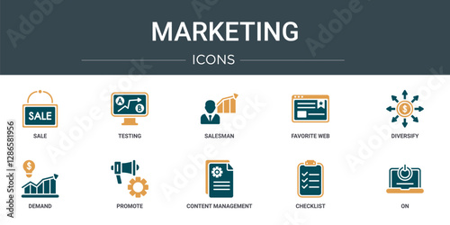 set of 10 outline web marketing icons such as sale, testing, salesman, favorite web, diversify, demand, promote vector icons for report, presentation, diagram, web design, mobile app