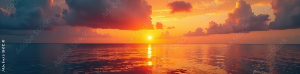 Fototapeta premium Fiery sunrise casts a warm golden glow on the tranquil sea's surface , warm, goldenhour, image