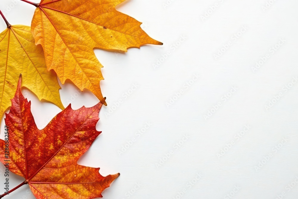 Golden autumn leaves, crisp and dry, arranged on pristine white , bright, sunlight, dry Golden autumn leaves, crisp and dry, arranged on pristine white , bright, sunlight, dry