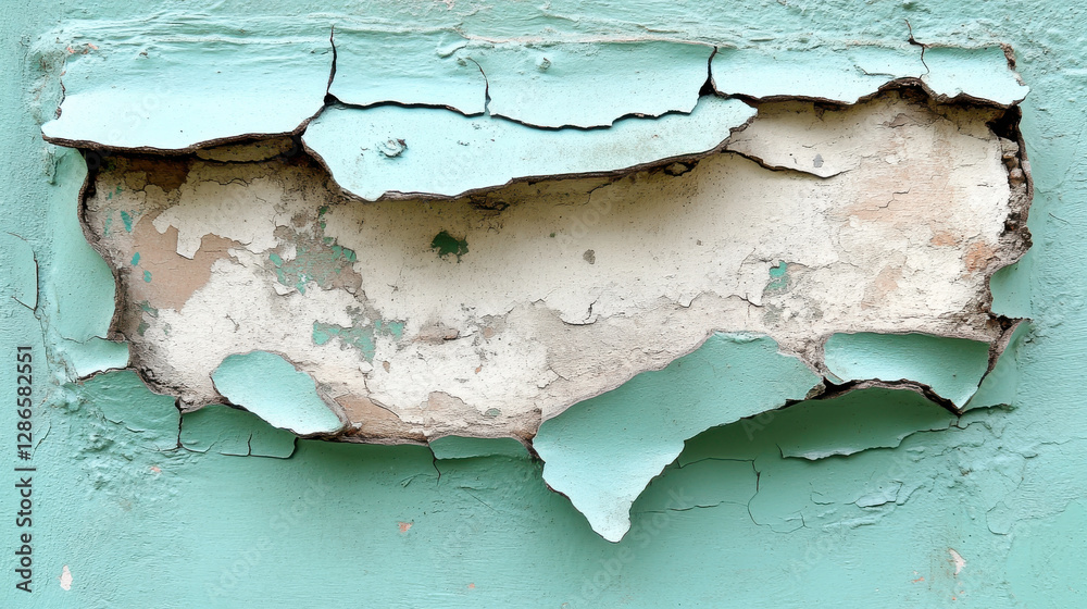 Obraz premium Peeling paint on wall reveals textured surface underneath, showcasing layers of color and wear. This captures beauty of decay and age