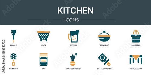 set of 10 outline web kitchen icons such as paddle, nder, pitcher, stew pot, squeezer, skimmer, jar vector icons for report, presentation, diagram, web design, mobile app