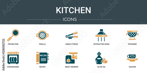 set of 10 outline web kitchen icons such as frying pan, paella, garlic press, extractor hood, strainer, dishwasher, recipe vector icons for report, presentation, diagram, web design, mobile app