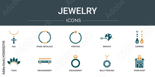 set of 10 outline web jewelry icons such as anj, pearl necklace, piercing, brooch, earring, tiara, measurement vector icons for report, presentation, diagram, web design, mobile app