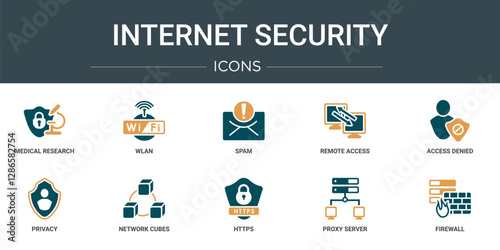 set of 10 outline web internet security icons such as medical research, wlan, spam, remote access, access denied, privacy, network cubes vector icons for report, presentation, diagram, web design,