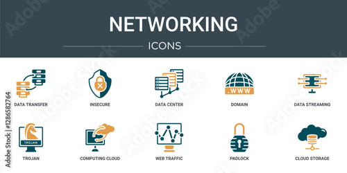 set of 10 outline web networking icons such as data transfer, insecure, data center, domain, data streaming, trojan, computing cloud vector icons for report, presentation, diagram, web design,