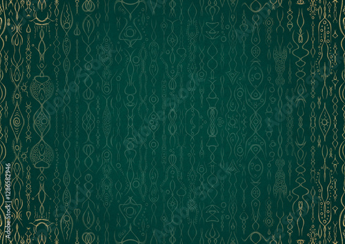 Wallpaper Mural Hand-drawn unique abstract ornament. Light green on a dark cold green background, with vignette in golden glitter. Paper texture. Digital artwork, A4. (pattern: p14a) Torontodigital.ca