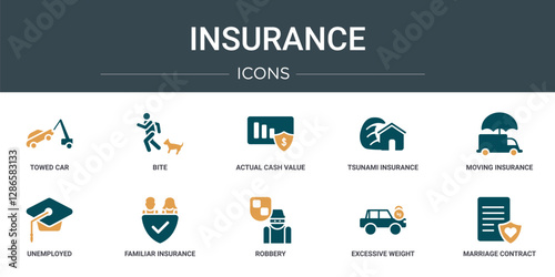 set of 10 outline web insurance icons such as towed car, bite, actual cash value, tsunami insurance, moving insurance, unemployed, familiar vector icons for report, presentation, diagram, web