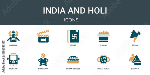 set of 10 outline web india and holi icons such as brahma,  , vedas, phirni, assam, ricksaw, bhagavan vector icons for report, presentation, diagram, web design, mobile app