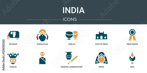 set of 10 outline web india icons such as ricksaw, durga puja, tablas, gate of india, india badge, varaja,   vector icons for report, presentation, diagram, web design, mobile app