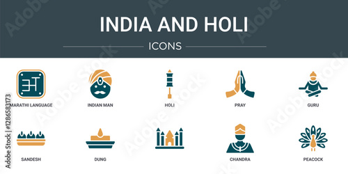 set of 10 outline web india and holi icons such as marathi language, indian man, holi, pray, guru, sandesh, dung vector icons for report, presentation, diagram, web design, mobile app