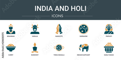 set of 10 outline web india and holi icons such as brahman, varaja, namaste, sarnaism, parvati, curry, buddhist vector icons for report, presentation, diagram, web design, mobile app