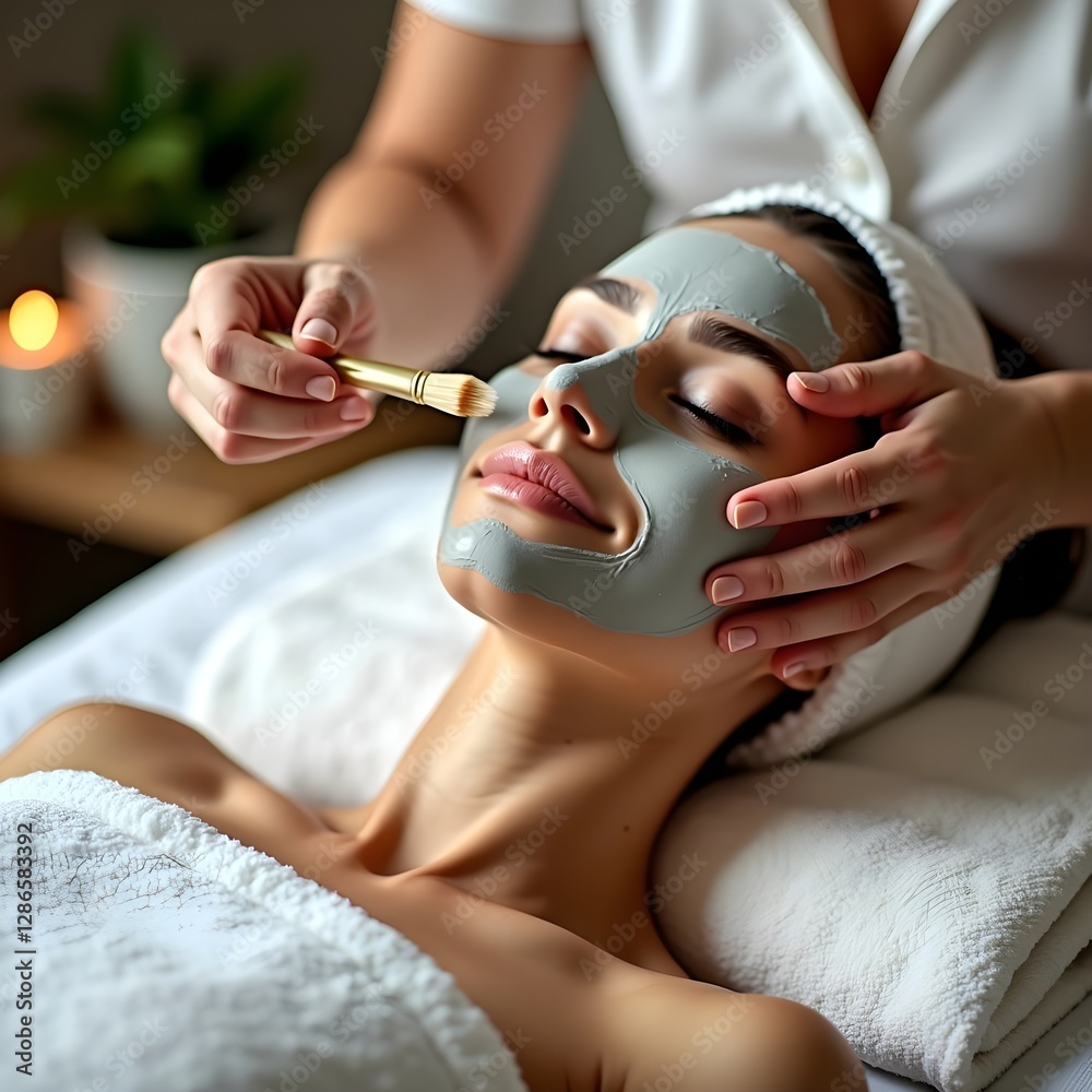 Woman at spa receiving a face mask applied with a brush, enjoying weekend pampering, skincare wellness, and facial treatment for skin rejuvenation, pore tightening, and relaxation.